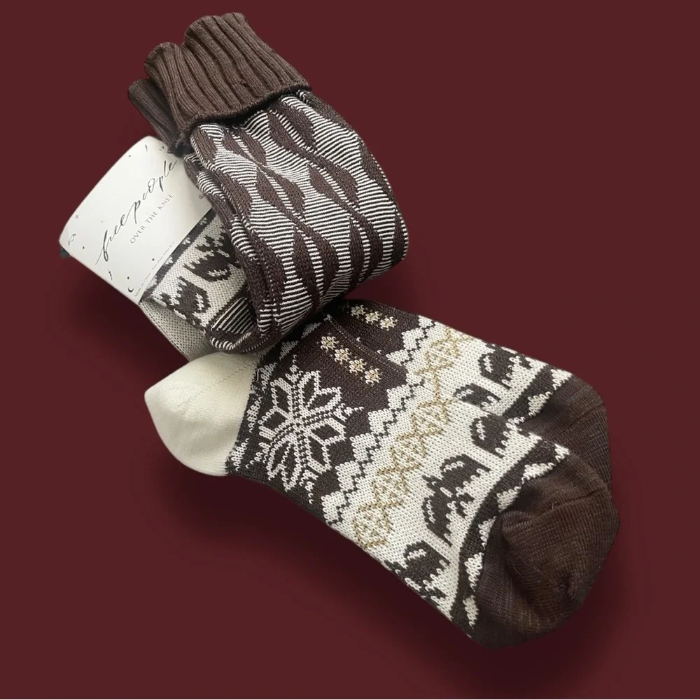 Free People Patterned Brown and Cream Over the Knee Socks NWT!
